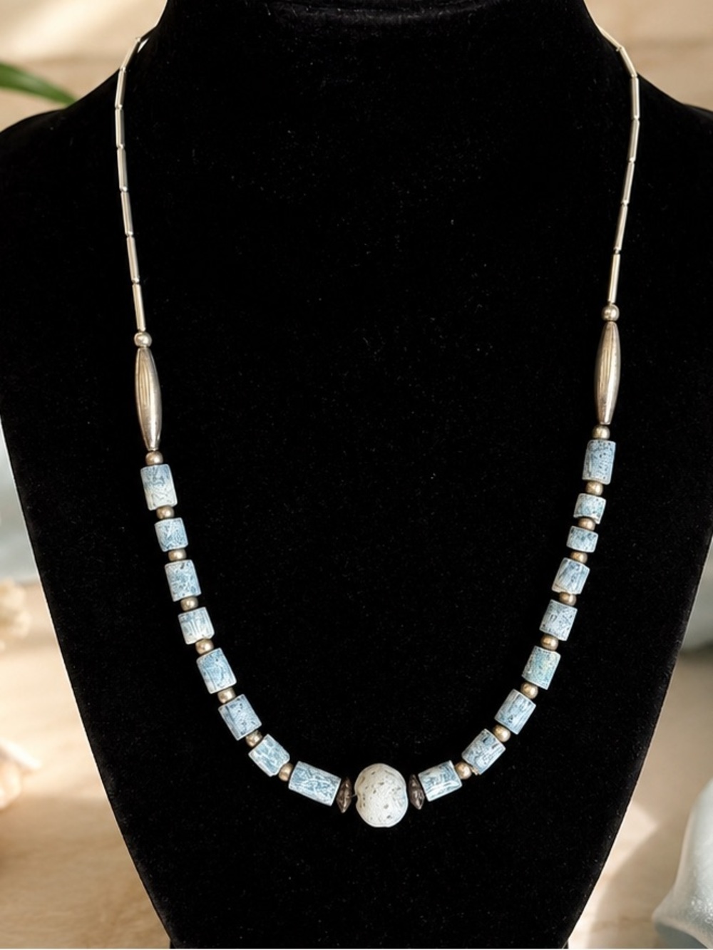 Vintage Blue & White Coral Necklace Southwestern Boho Jewelry